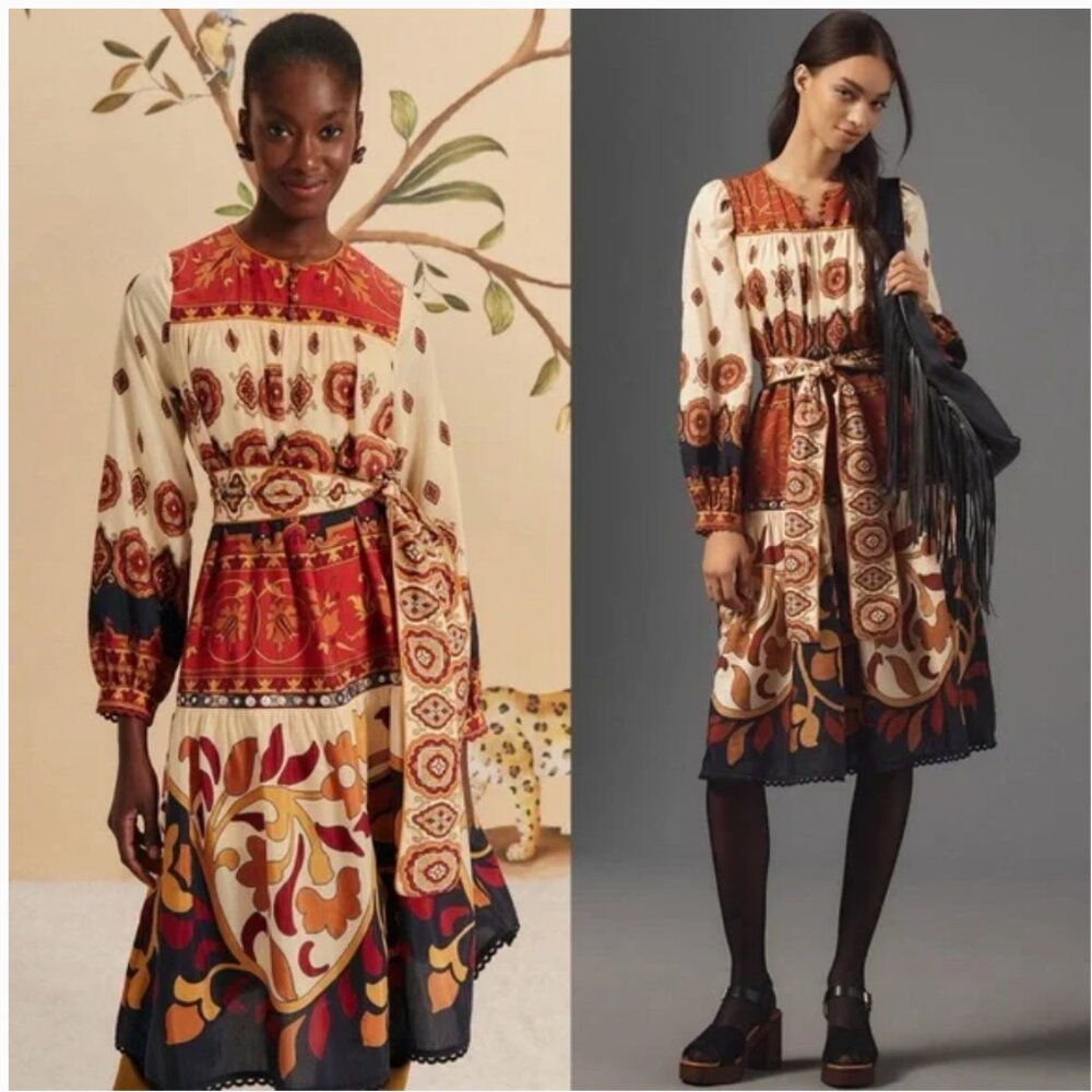 FARM Rio Ainika Tiles Midi Dress Women's Small Bohemian Cream Orange Long Sleeve